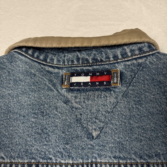 Vintage Tommy Jeans Jacket Mens 2XL Blue Denim Tan Collar Crest Patch 90s - Picture 9 of 14